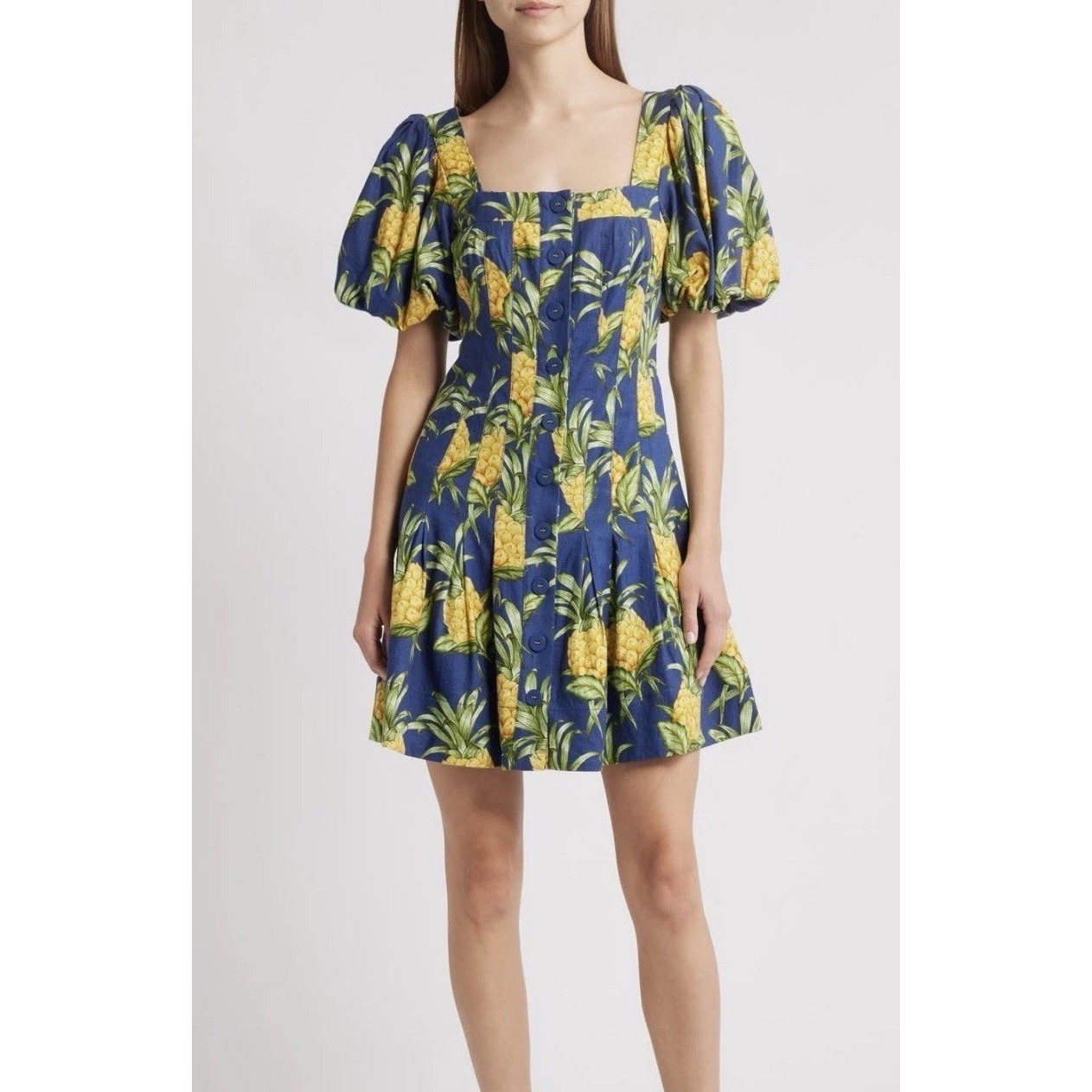 Farm Rio Navy Blue Delicate Pineapple Lenzing Ecovero Euroflex Mini Dress Size M
